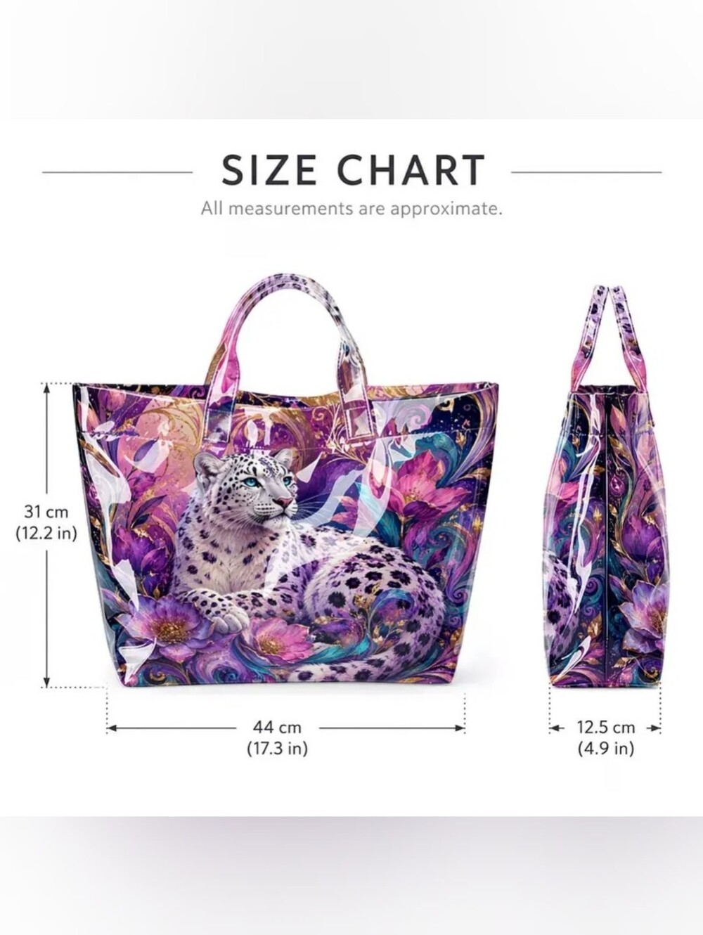Women Beautiful Snow Leopard PVC Tote Daily Commute Hand Bag Large - Picture 2 of 9